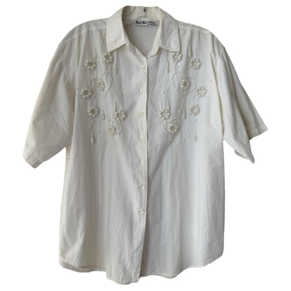 Vintage Pearl Embellished Shirt Size L White Cotton Button Up Down 80s 90s